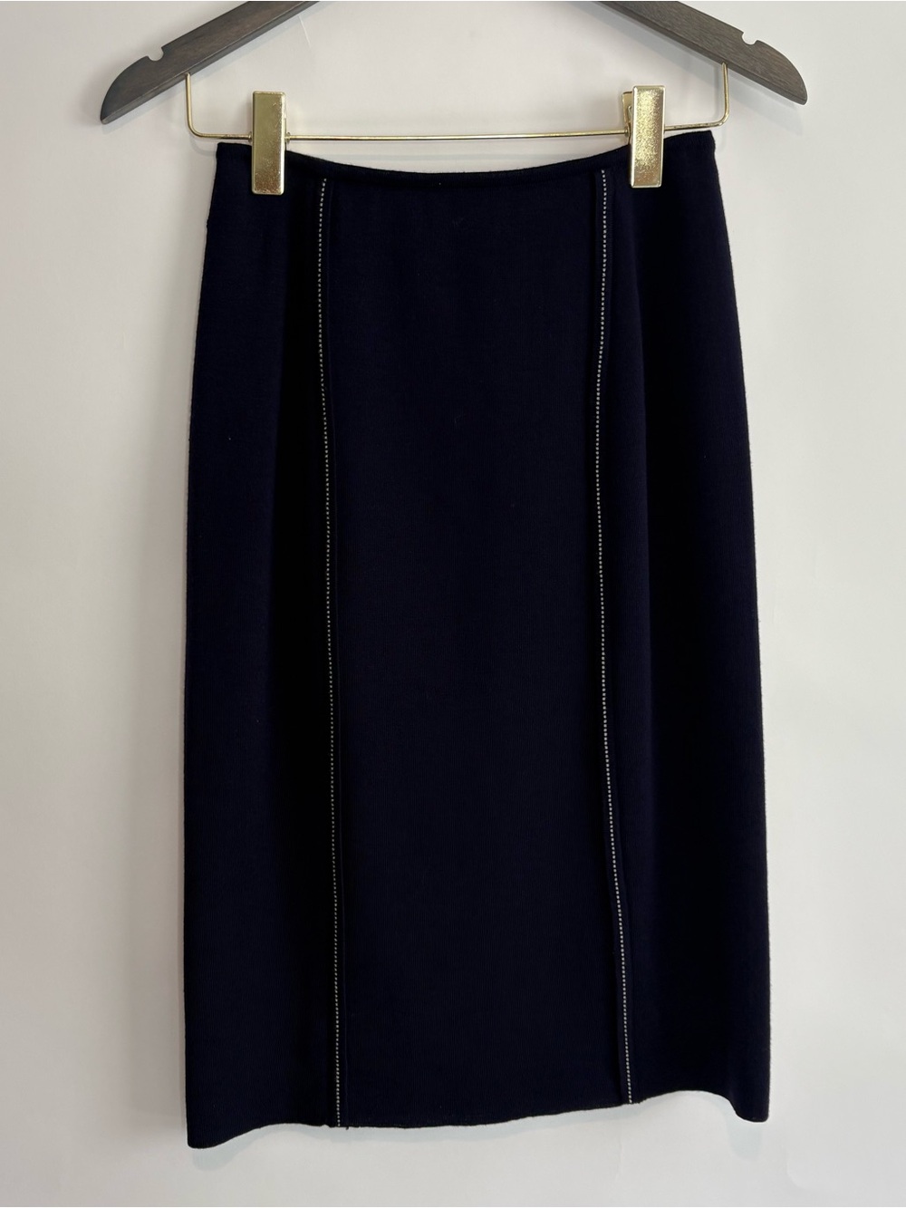 VTG Salvatore Ferragamo 100% Wool Blue Pencil Skirt Contrast Top Stitching